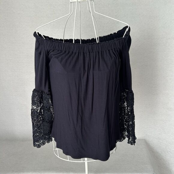 Loft Blouse Women S Navy Lace Off Shoulder Flowy Dressy Boho Fairy Goth Romantic - Picture 11 of 13